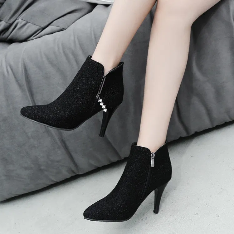 Women's Glitter Pointed Toe Side Zippers Cone Heel Ankle Boots