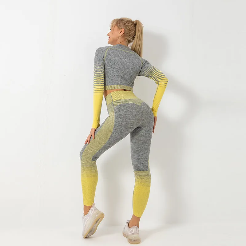 Women's Ombre Long Sleeve High Waisted Gym Set