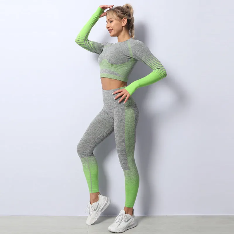 Women's Ombre Long Sleeve High Waisted Gym Set