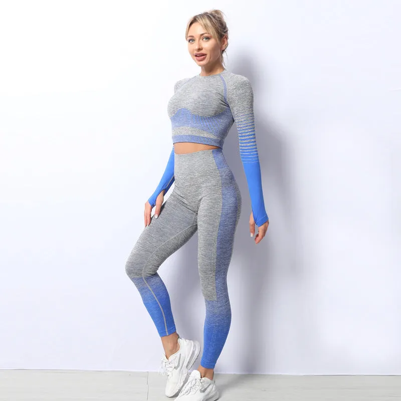 Women's Ombre Long Sleeve High Waisted Gym Set