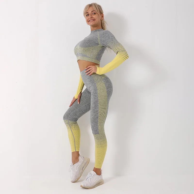 Women's Ombre Long Sleeve High Waisted Gym Set