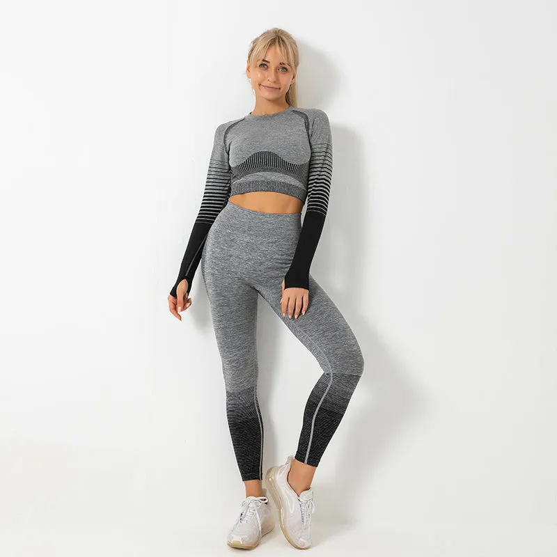 Women's Ombre Long Sleeve High Waisted Gym Set