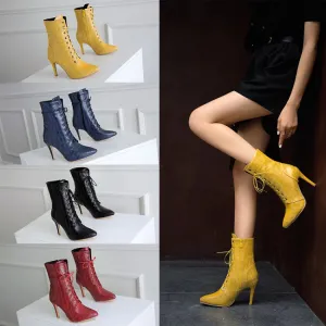 Women's Pointed Toe Lace Up High Heel Short Boots