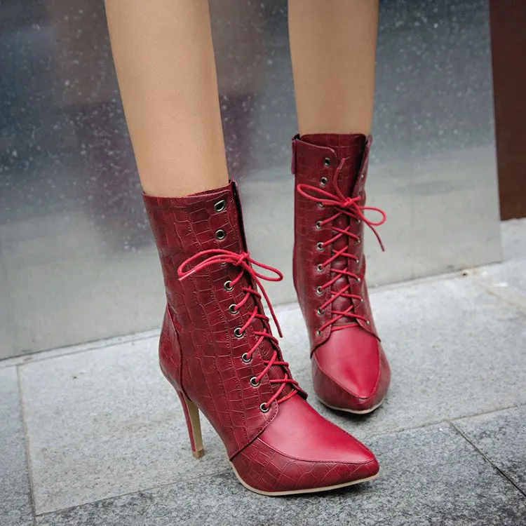 Women's Pointed Toe Lace Up High Heel Short Boots