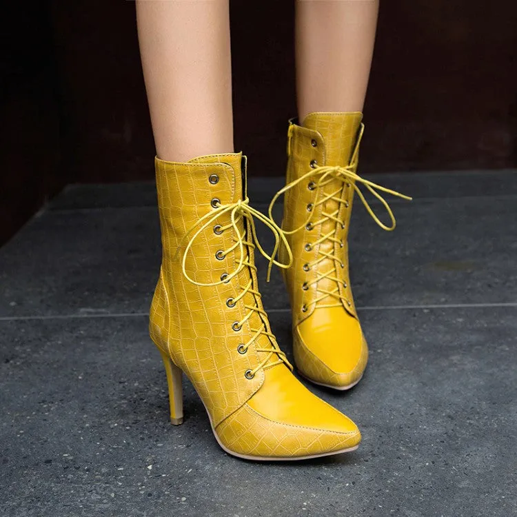 Women's Pointed Toe Lace Up High Heel Short Boots