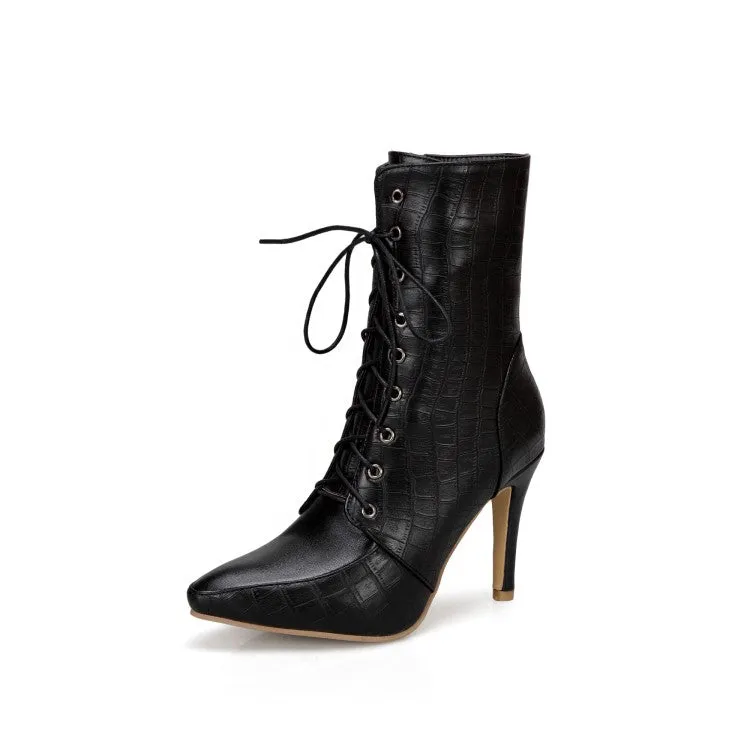 Women's Pointed Toe Lace Up High Heel Short Boots