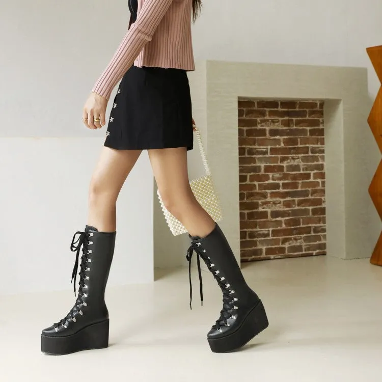 Women's Pu Leather Round Toe Metal Rivets Lace Up Wedge Heel Platform Mid-calf Boots