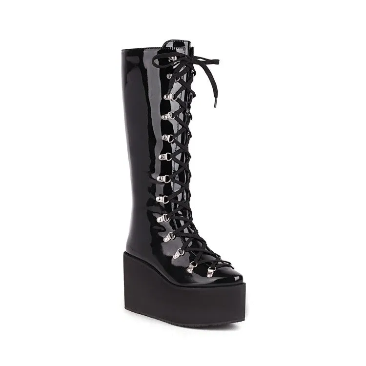 Women's Pu Leather Round Toe Metal Rivets Lace Up Wedge Heel Platform Mid-calf Boots