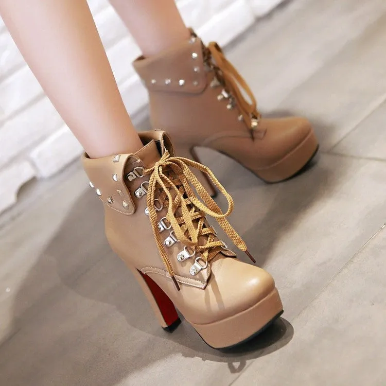 Women's Pu Leather Round Toe Rivets Tied Belts Chunky Heel Platform Short Boots