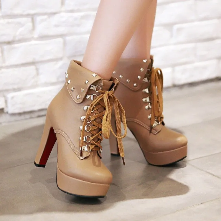 Women's Pu Leather Round Toe Rivets Tied Belts Chunky Heel Platform Short Boots