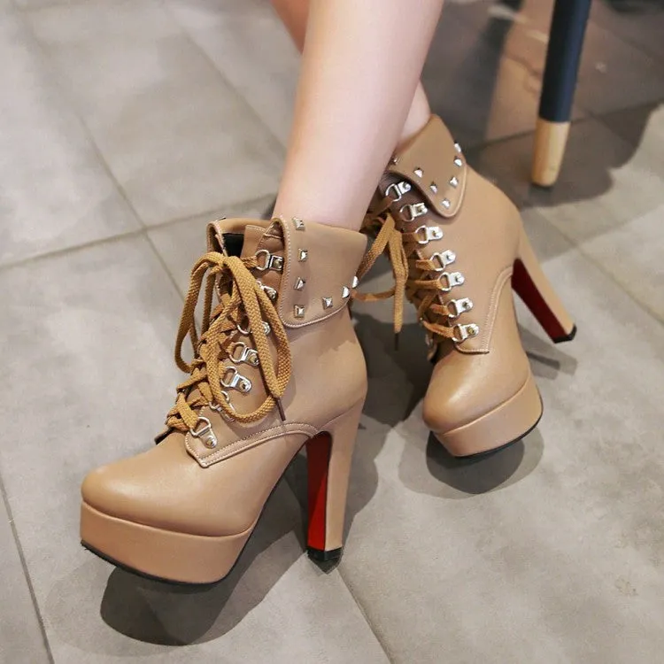 Women's Pu Leather Round Toe Rivets Tied Belts Chunky Heel Platform Short Boots