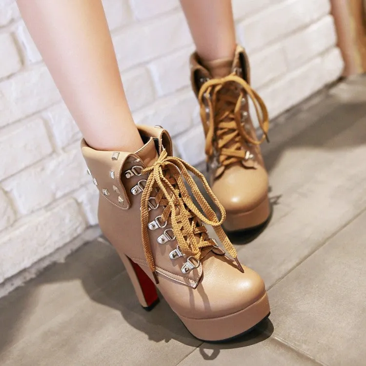 Women's Pu Leather Round Toe Rivets Tied Belts Chunky Heel Platform Short Boots