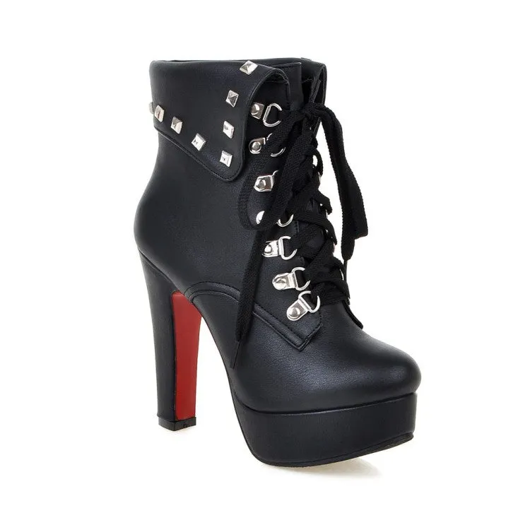 Women's Pu Leather Round Toe Rivets Tied Belts Chunky Heel Platform Short Boots