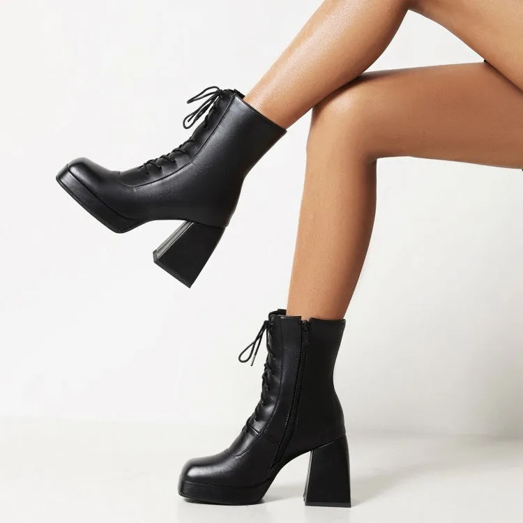 Women's Pu Leather Square Toe Lace Up Block Heel Platform Short Boots