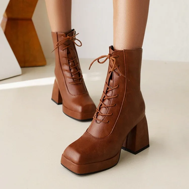 Women's Pu Leather Square Toe Lace Up Block Heel Platform Short Boots