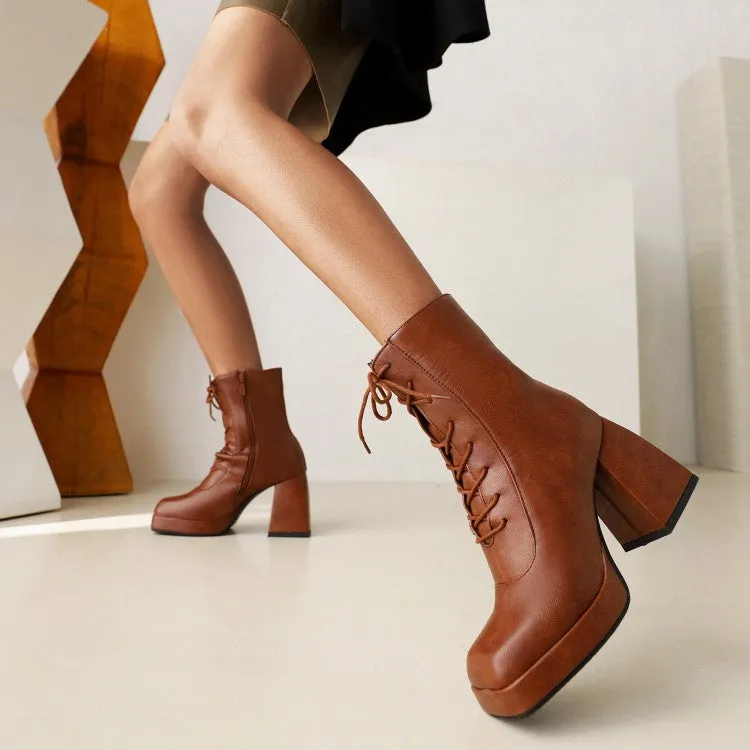 Women's Pu Leather Square Toe Lace Up Block Heel Platform Short Boots