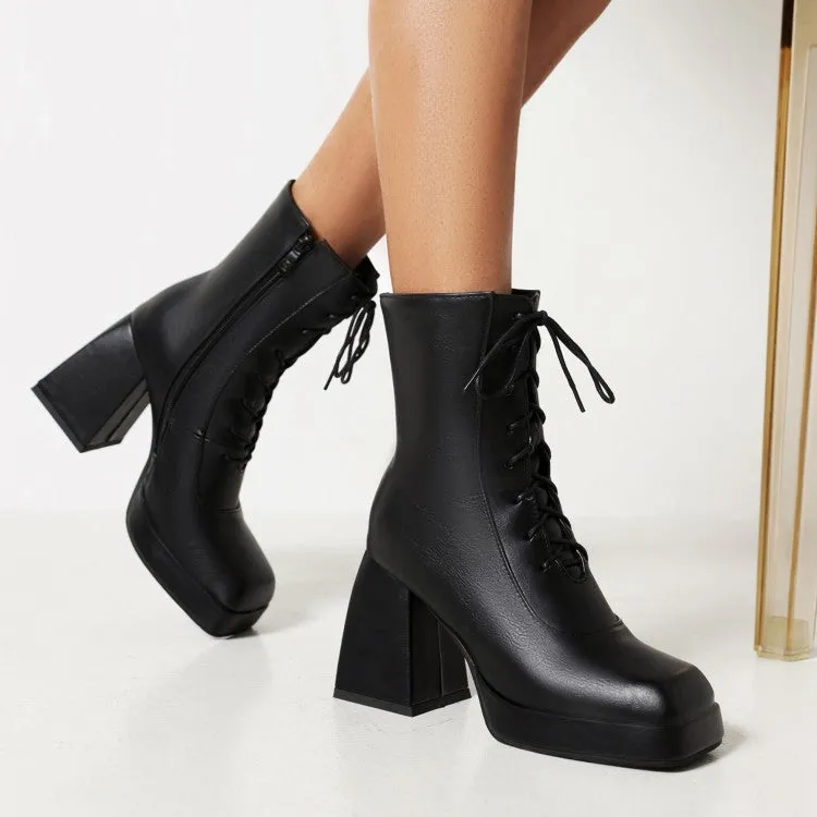 Women's Pu Leather Square Toe Lace Up Block Heel Platform Short Boots