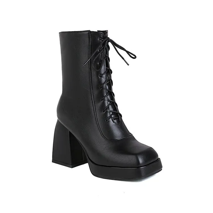 Women's Pu Leather Square Toe Lace Up Block Heel Platform Short Boots