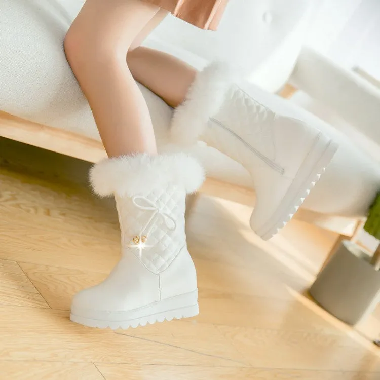 Women's Round Toe Tied Straps Pearls Flat Platform Mid-Calf Boots