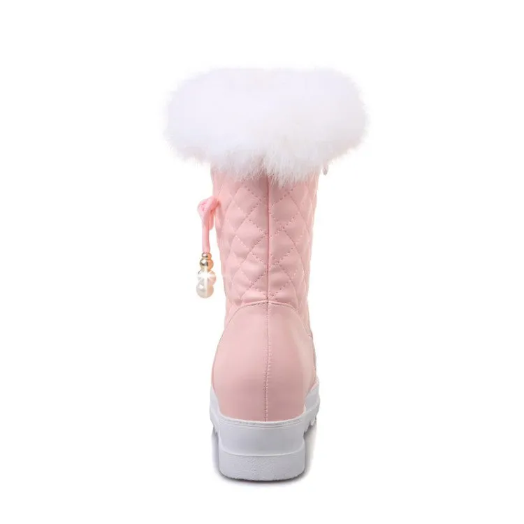 Women's Round Toe Tied Straps Pearls Flat Platform Mid-Calf Boots