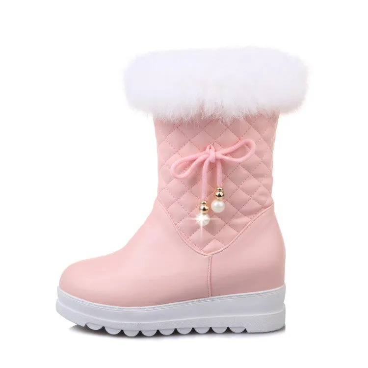 Women's Round Toe Tied Straps Pearls Flat Platform Mid-Calf Boots